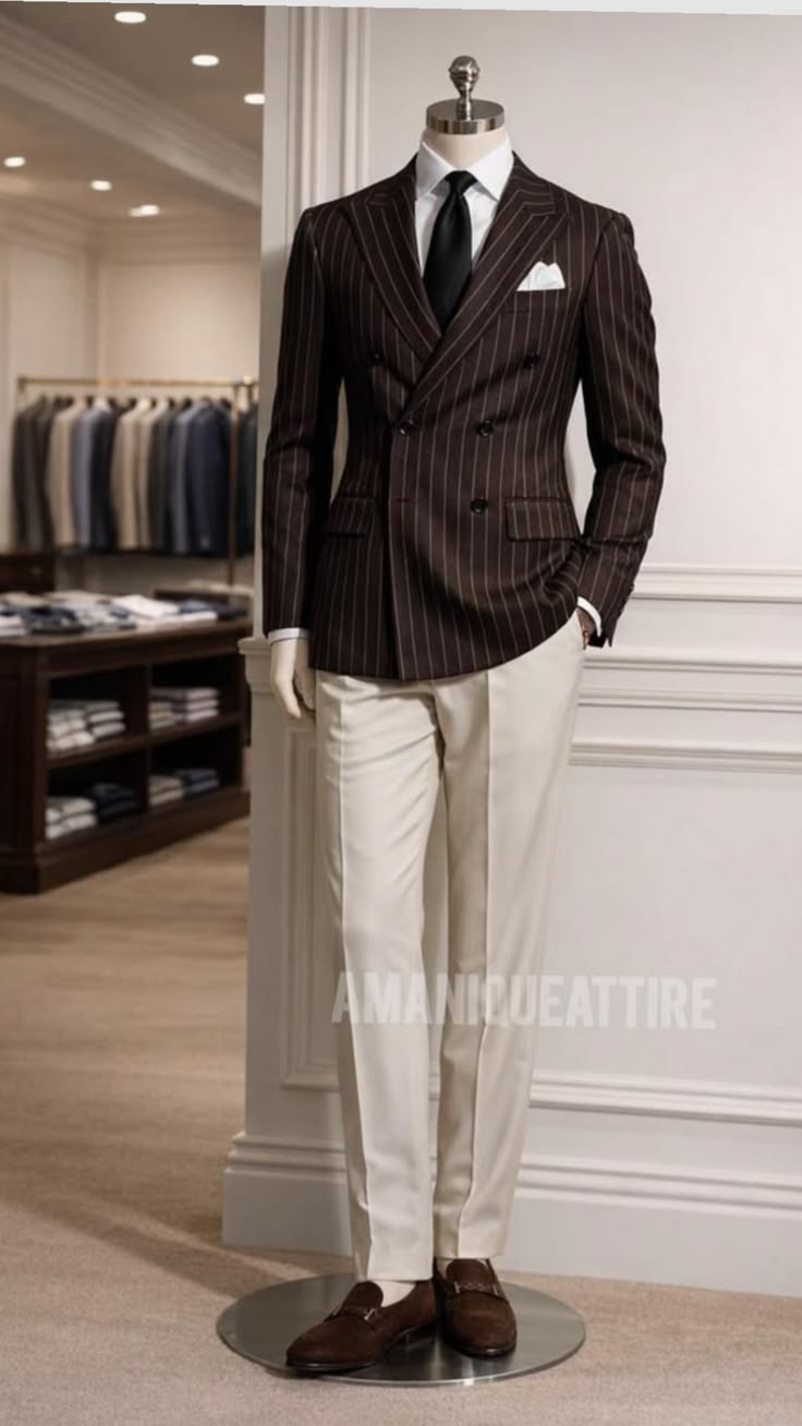 Brown pinstripe suit with ivory trousers